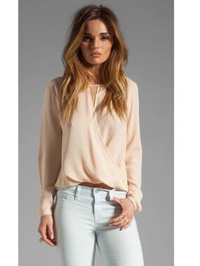 Theory Woman Pastel Peach 100% Silk Wrap Long Sleeve Top XS Preppy Classic